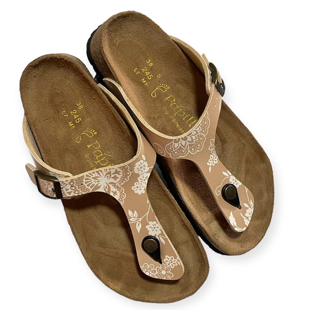 BIRKENSTOCK PAPILLIO GIZEH THONG CREAM WHITE FLORAL SANDALS SIZE 38
